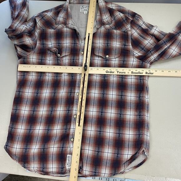 Lucky Brand Pearl Snap Western Shirt Mens Large Red Black Plaid Soft Pockets - Picture 12 of 13